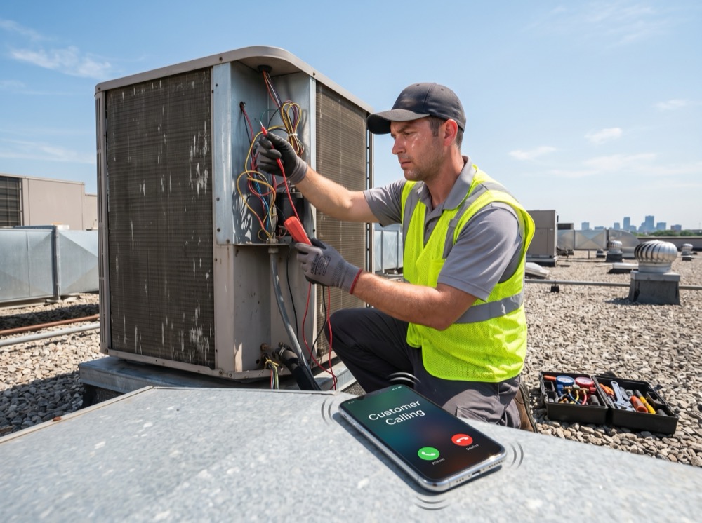 HVAC technician on a rooftop in hi-vis vest using a multimeter to test an AC unit while his phone rings on the metal surface in front of him with an unanswered customer call